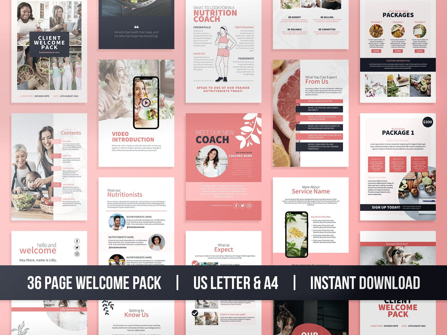 Nutrition Client Welcome Pack and Client Goodbye Pack Templates (Blush)