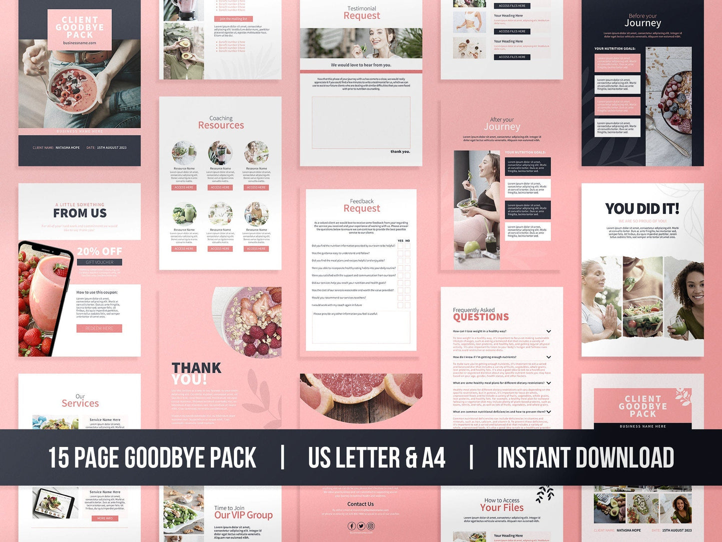 Nutrition Client Welcome Pack and Client Goodbye Pack Templates (Blush)